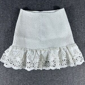 Farm Rio Women Richelieu Mini Skirt White SZ S Smocked Eyelet Floral Beach Boho
